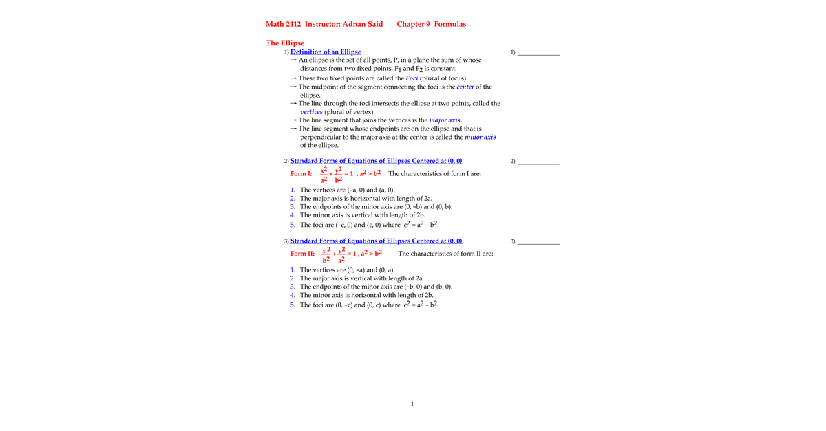 Ch 9 Formula Sheet